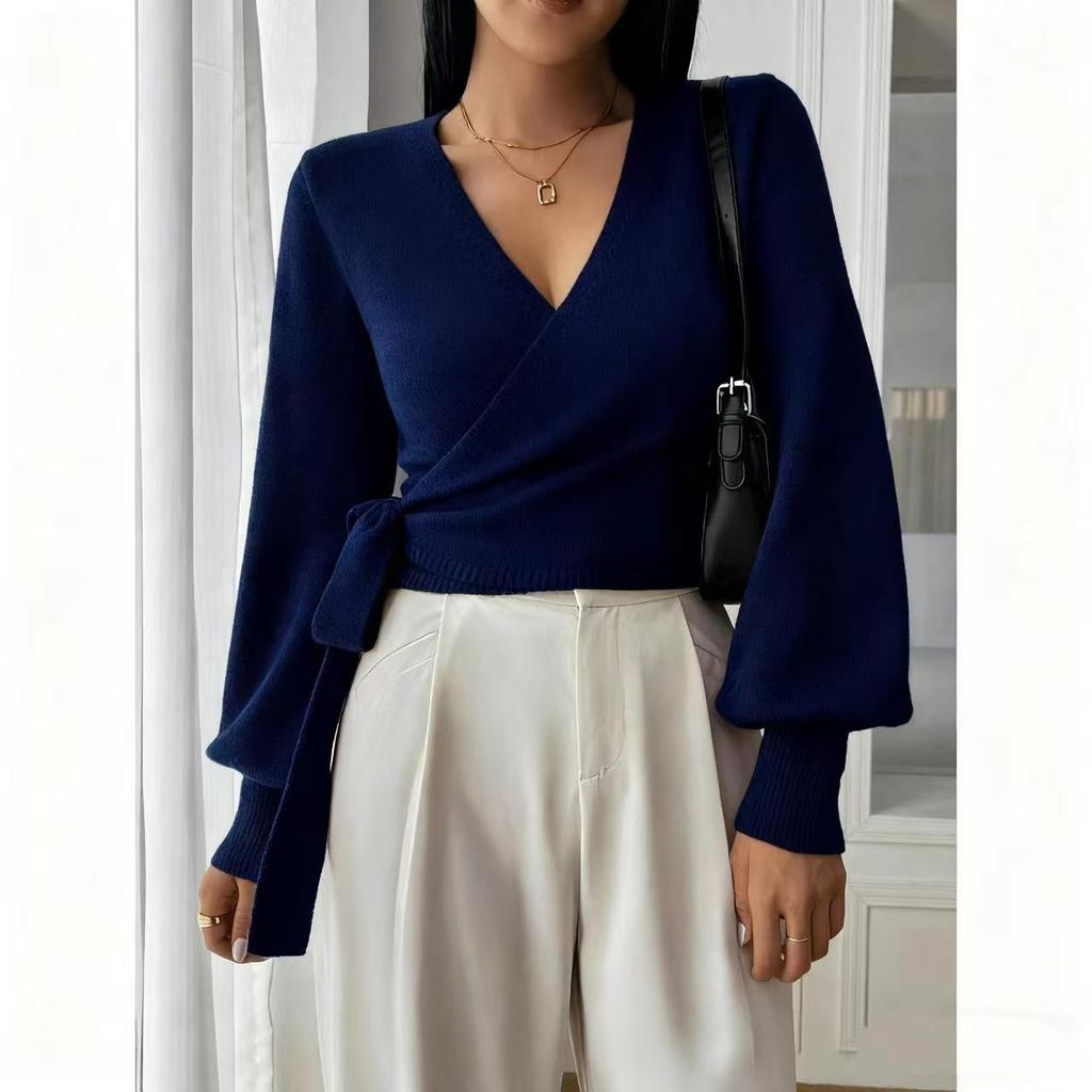 Women's V Neck Cross Front Belted Long Sleeve Knit Sweater Casual Pullover