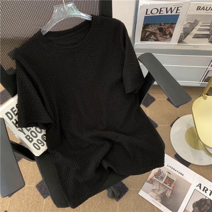 

Physical pleated bubble jacquard design sense niche high-end short-sleeved summer new t-shirt women s tide XL чорний