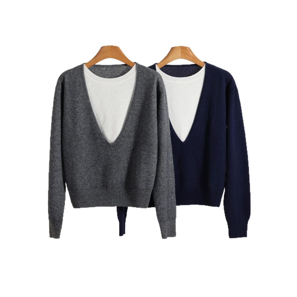 35% Cashmere Women's Color Block Faux Layered Korean Style Pullover Sweater