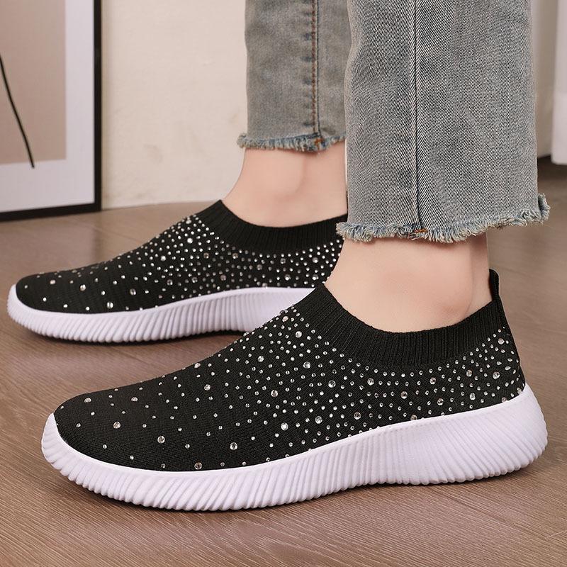 Plus Size Rhinestone Stretch Sock Women's Flyknit Casual Shoes - Lightweight & Breathable MD Sole