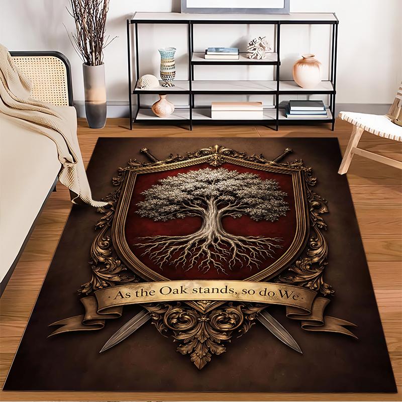 "Tree of Life Crest Print Carpet with Banner 'As the Oak Stands'" Suitable for use as an anti-slip for living room bedroom sofas