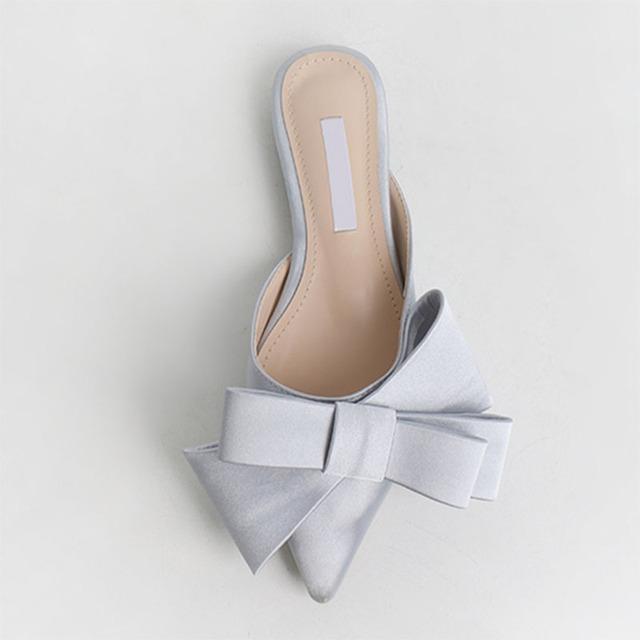 Fashion Silk Pointed Toe Flat Slippers Women's Outer Wear Summer Net Red All-match Fashion Bow Baotou Sandals and Slippers