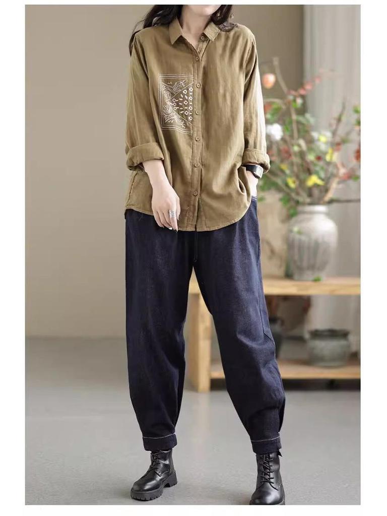 Southeast Asia Plus Size Embroidered Cotton Linen Long Sleeve Shirt