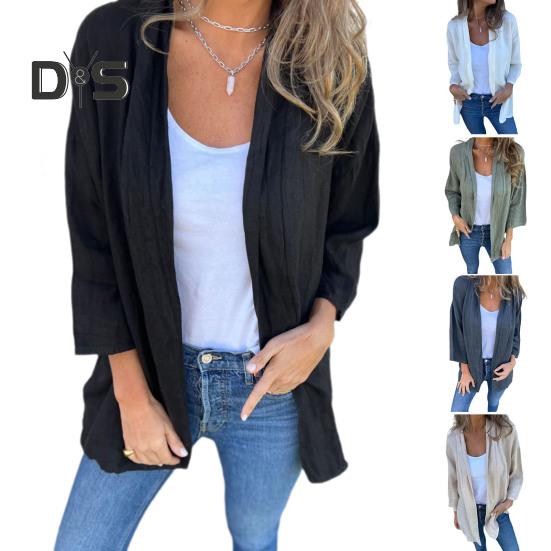 Women Coat Loose Fit Basic Collar Long Sleeve Top Solid Color Open Front Outwear Spring Autumn Casual Daily Wear