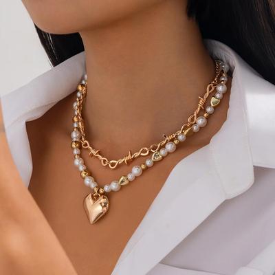 Love Alloy Pendant Necklace with Pearl Beads - Multi-layer, Versatile European & American Style.