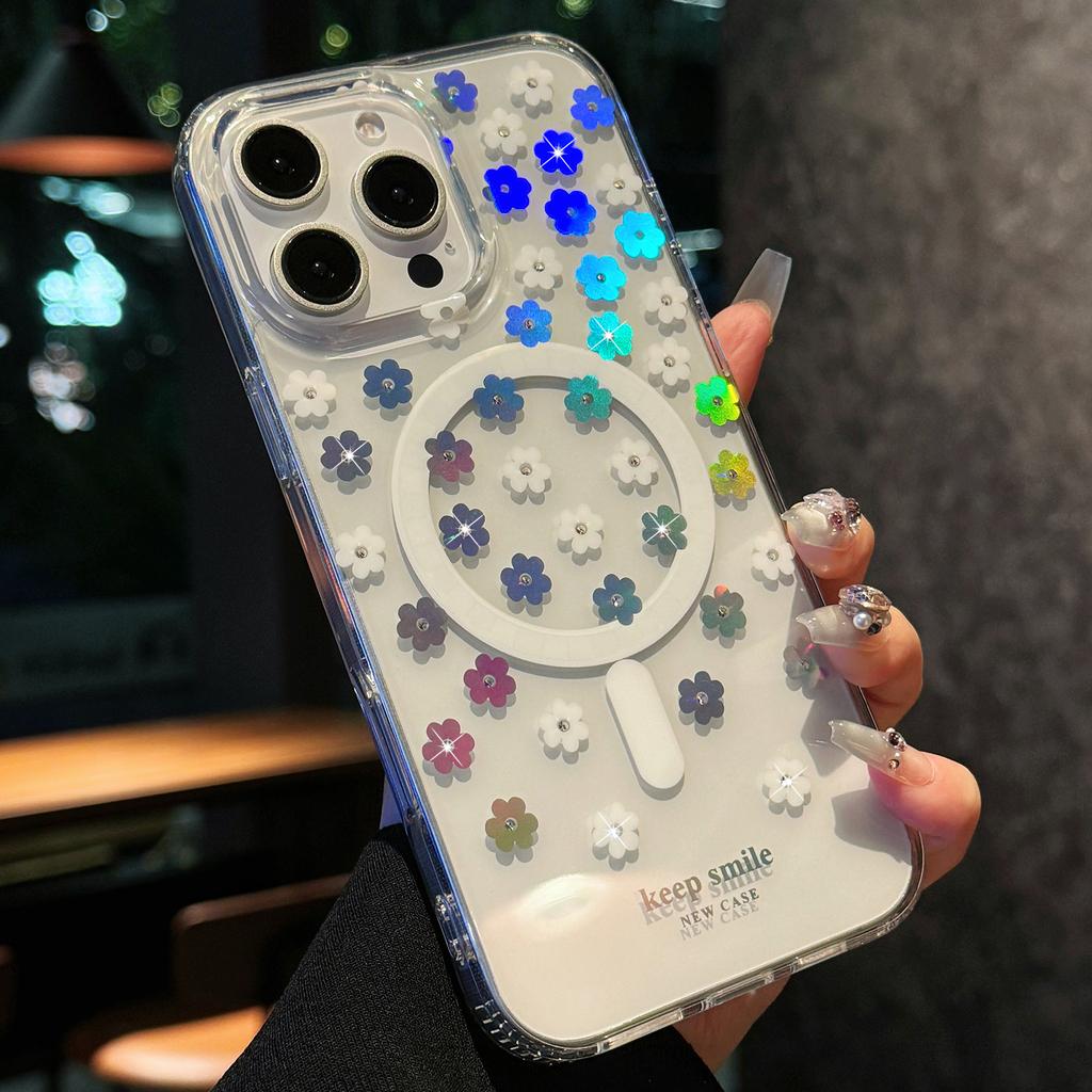 For iPhone 15 Pro Case Compatible with MagSafe Laser Flower PC+TPU Clear Phone Cover