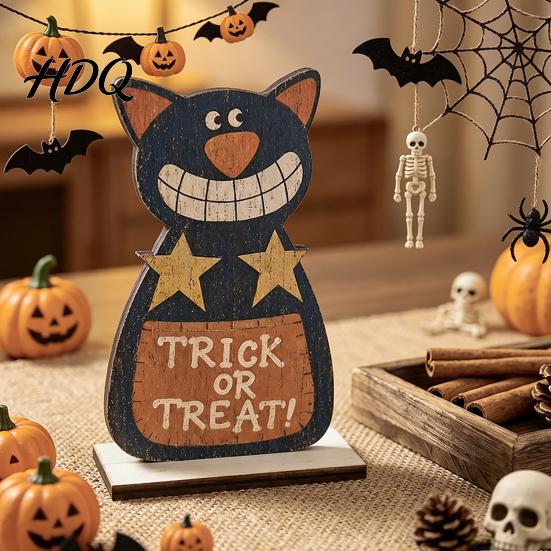 Minimalist Home Accessories Cute Halloween Black Cat Pumpkin Skull Decor Vintage Boo Wooden Unique Table Ornaments Signs Tabletop Decoration