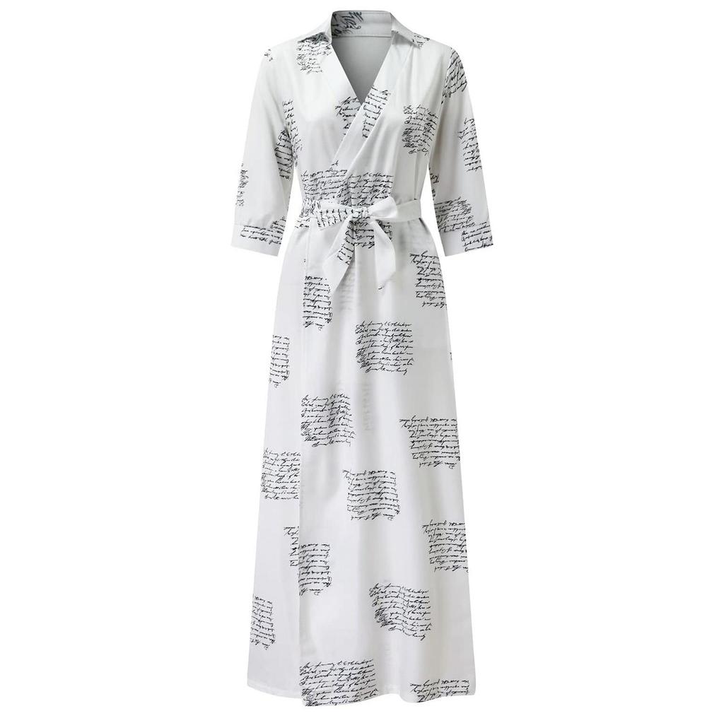 Robe Maxi à Manches Longues pour Femme Col en V Longueur Cheville Robe Longue Décontractée Robe Trapèze avec Ceinture