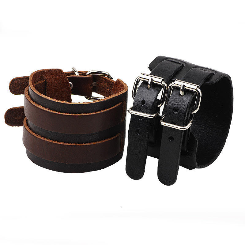 Punk Unisex Wide Genuine Leather Bracelet Double Buckle Mens Womens Wrap Bracelet  New Fashion Jewelry
