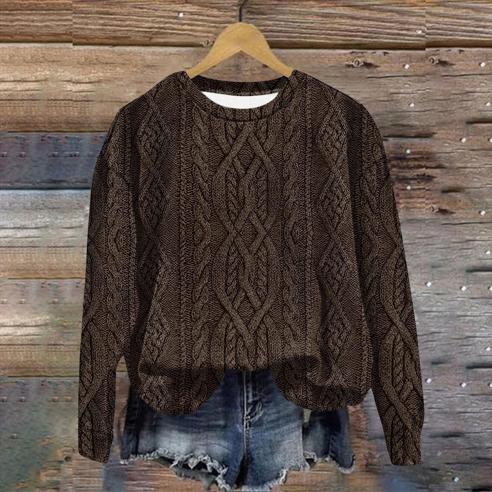 

Женская мода ChristmasPrinted с длинным рукавом свободный круглый вырез толстовка Топ XXL коричневый