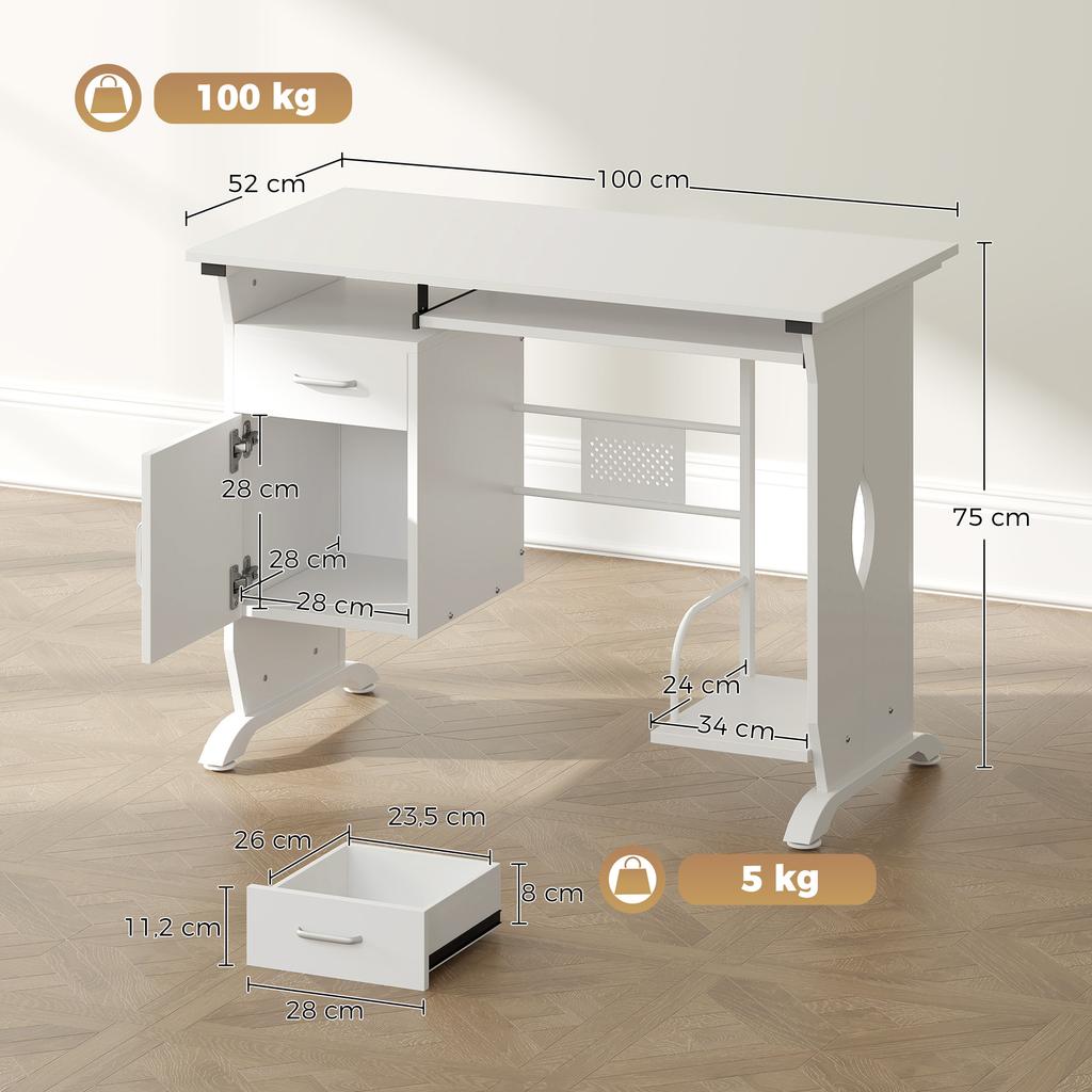 Computer Desk, 100 x 52 x 75 cm, Sliding Keyboard Tray, Drawers, CPU Holder, White