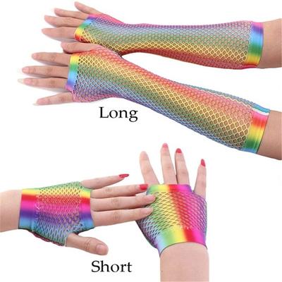 Shiny Wedding Party Colorful Fingerless Mesh Net Hollow Out Holes Gloves Rainbow Disco Dance
