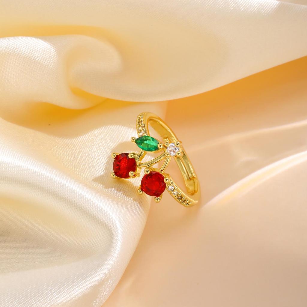 Sparkling Zircon Red Cherry Ring for Women, 14K Gold Plated Copper Adjustable Ring, Chic Luxury Jewelry for Girlfriend Gift