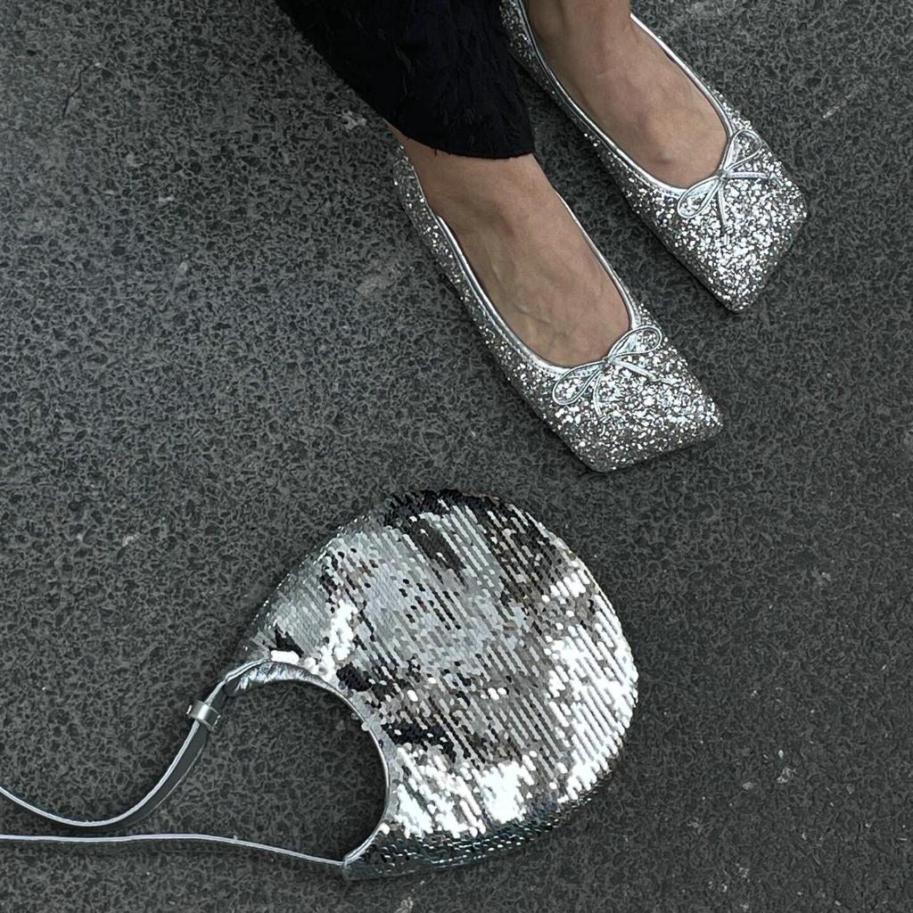 Fashion Super Shiny Square Toe Mary Jane Women'S Shoes 2025 Bow Silver Single Shoes Women'S Flat Versatile Single Shoes