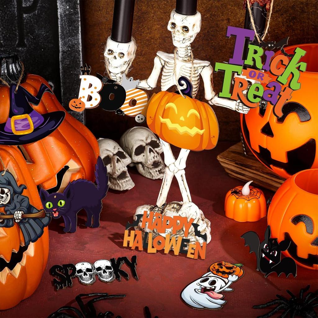 Gerrii 40 Pieces Halloween Ornaments Wooden Halloween Tree Decorations Pumpkin Ghost Witch Hat Skeleton Mini Hanging Ornaments with Rope for DIY