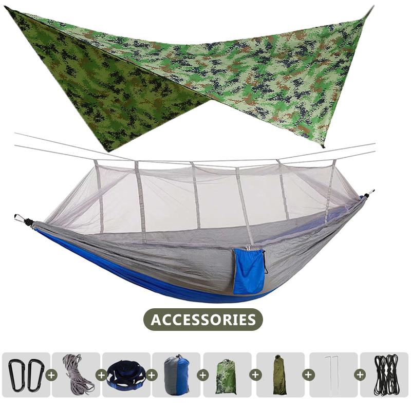 260x140cm Outdoor Double Camping Hammock with Mosquito Net and Rain Fly Tarp Lightweight Parachute Hammocks for Travel Hiking
