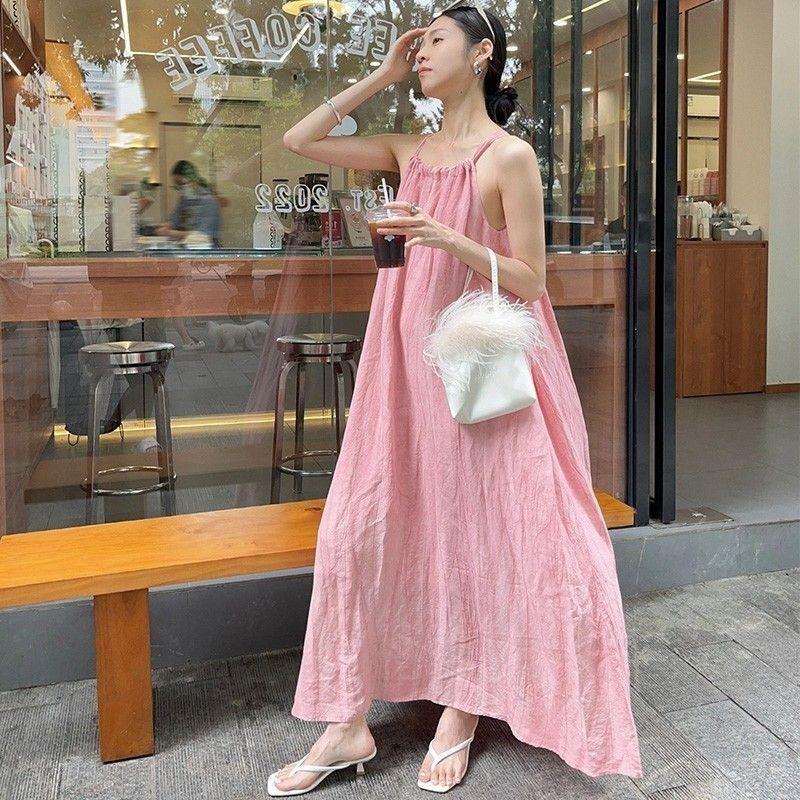 Pink suspender long dress women's summer new seaside vacation beach dress neck design niche skirt