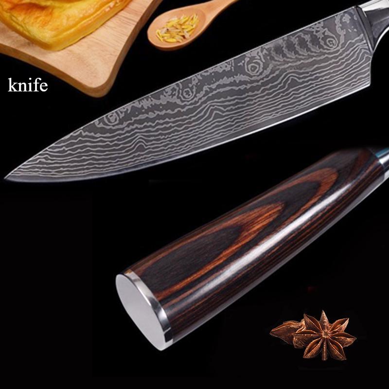 5PCS Chef's Knife Japanese Knife Bread Knife Slicing Knife Fruit Knife Color Wood Handle Kitchen Knife Set and Storage Bag