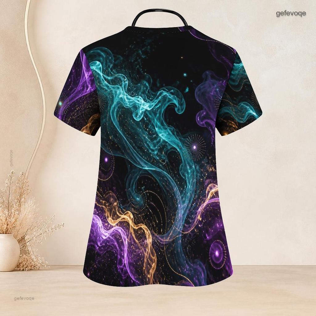 Women Plus Size V Neck Short Sleeve Nebula Printed Nurse Scrub Top With Front Pockets