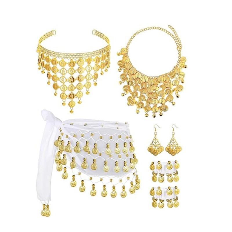 Belly Dance Costumes Bellydance Hip Scarf Wrist Bracelets Coin Head Scarf Earrings Belly Dancer Outfit Set for Womens