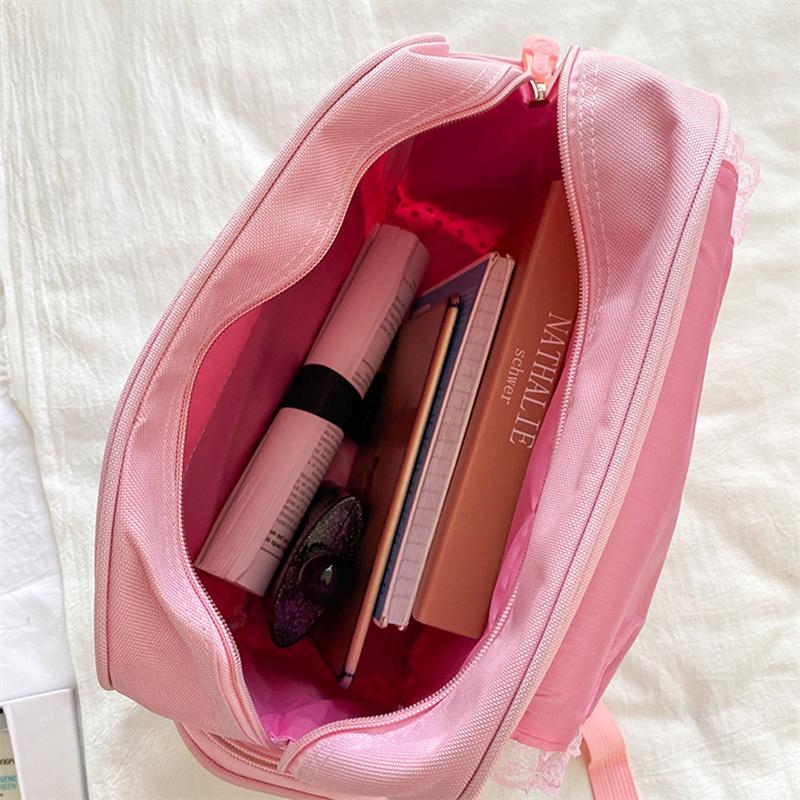 Mochila Escolar Kawaii para Crianças Bordado de Morango Fofo Mochila de Estudante Bolinhas Múltiplos Bolsos Nylon Moda Faculdade Para Menina Adolescente