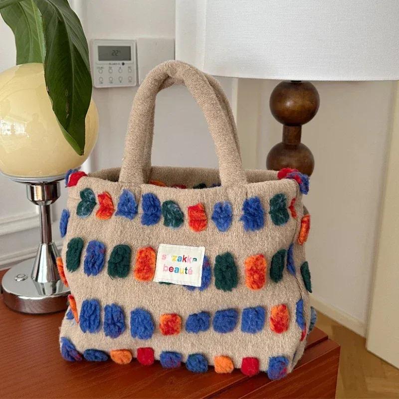 Color Plush Dots Women'S Bento Handbags Retro Design Female Fluffy Bucket Bags Large Capacity Shoulder Bag Purse Casual Tote