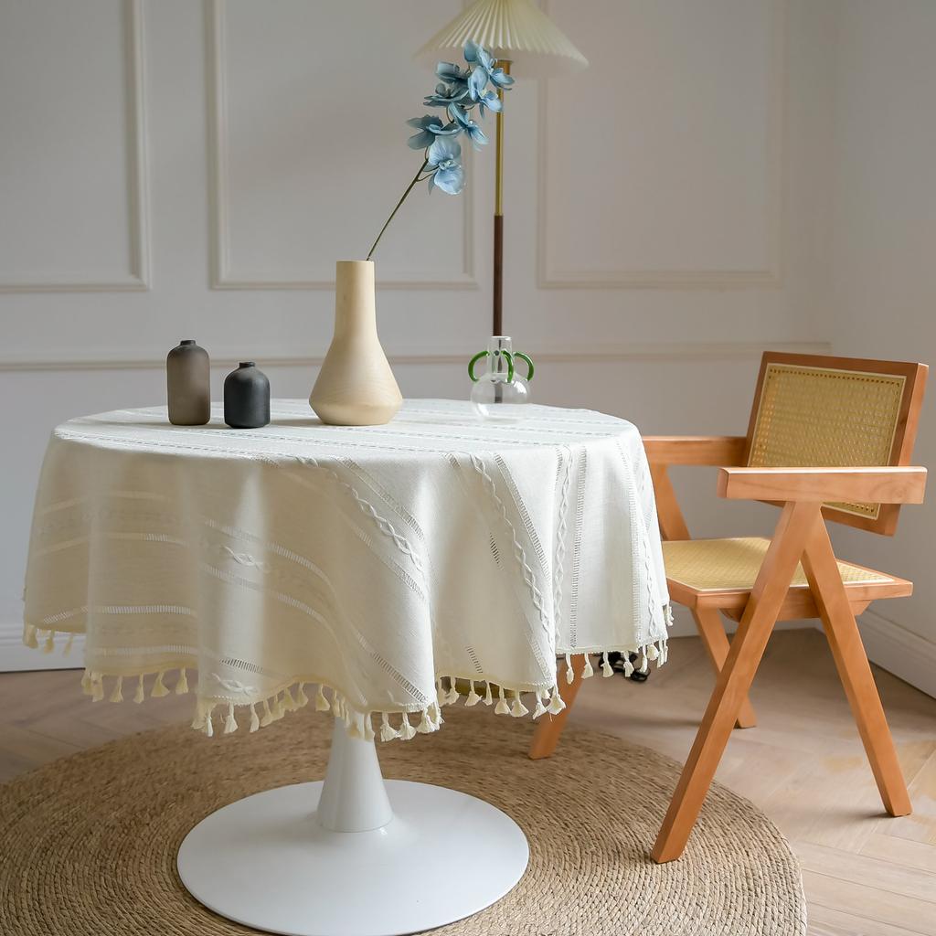 Baumwolle Leinen Runde Tischdecke, Boho Waschbare Karierte Tischdecke mit Quasten Bauernhaus Rustikal Tischdecken für Party Hochzeit