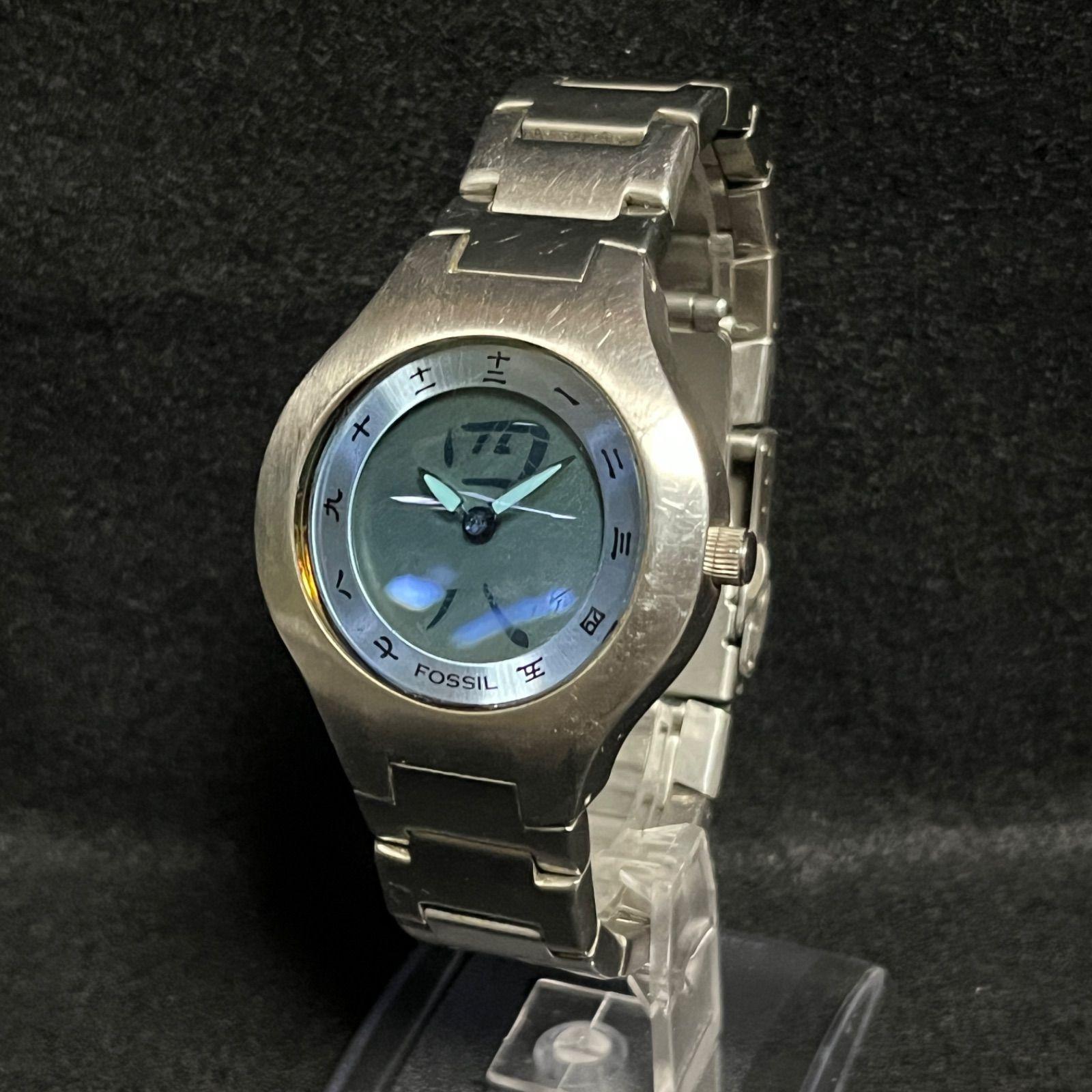 Used [Working Item] Rare FOSSIL BIG TIC Blue Dial Men s Watch Chinese Numerals Y2K Digital Analog Ana-Digi JR-7999 Battery Replaced Operation