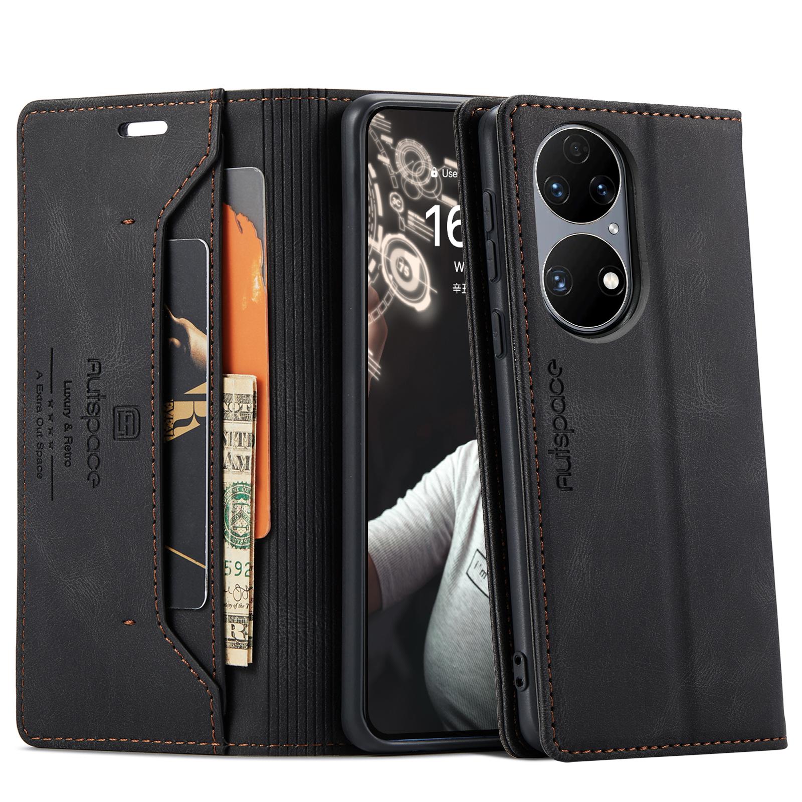 

For Huawei P50E/Huawei P50 4G Wallet Case AUTSPACE A01 Leather Stand Cover with RFID Blocking Card Holder Black
