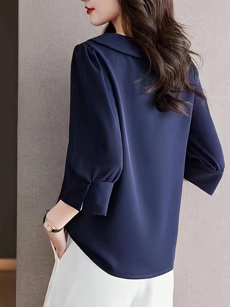 Solid Pater Pan Collar Blouse, Elegant 3/4 Sleeve Blouse for Spring & Fall, Women's Clothing