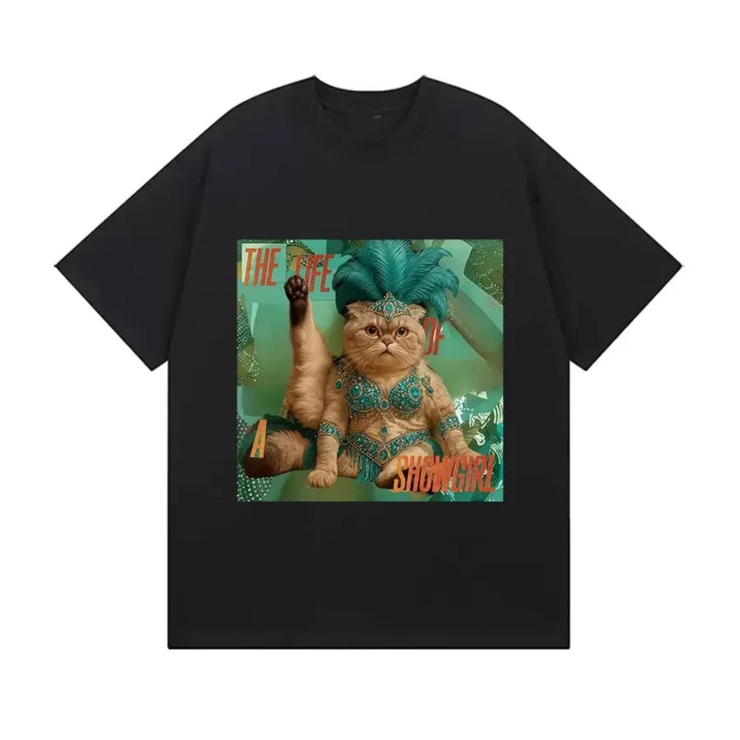 

Funny Cat The Life of A Showgirl Tour 2025 Graphic T Shirts Harajuku Fashion Oversized Cotton T-shirt Fans Gift Tops S чёрный