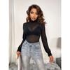 Black Mesh Sprited Print Sexy See-through Skinny Bodysuit Long Sleeve Lady High Neck Pullover Body Top Fashion Party Club
