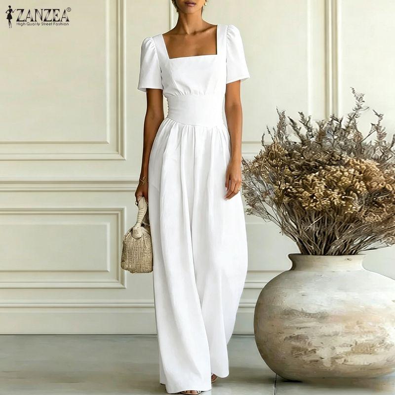 ZANZEA Women Elegant Square Collar Casual Short Sleeve Wide Leg Jumpsuits