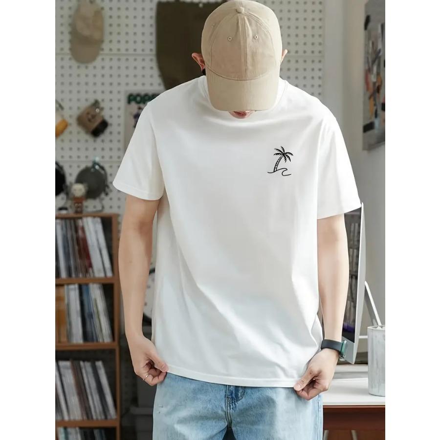 

Футболка из чистого хлопка с круглым вырезом и короткими рукавами, с узором в виде наброска кокосовой пальмы, мужская летняя модная футболка, повседневные и трендовые топы для ежедневной носки 3XL белый