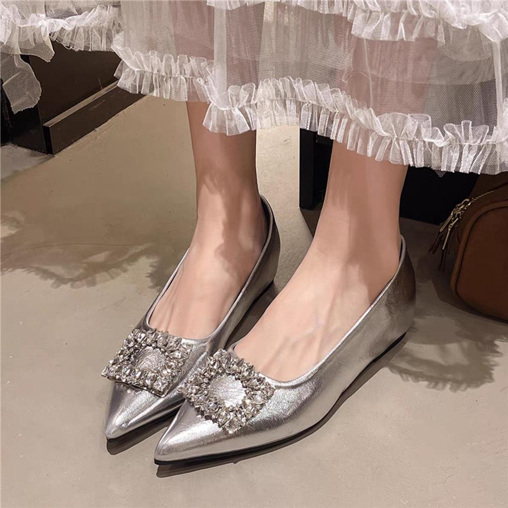 French fairy style with skirt versatile shallow mouth single shoes 2025 new temperament pointed rhinestone square buckle commuter ladyshoes