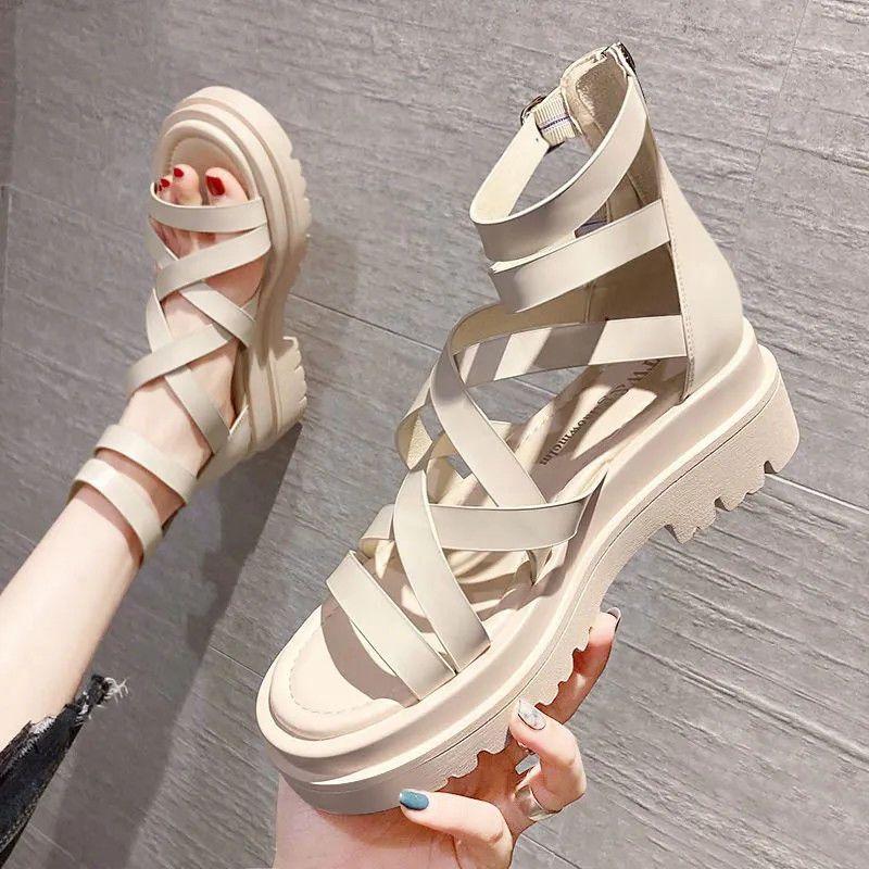 22 Summer New Sandals Rear Zipper Cross Strap Student Platform High Top Muffin Cool Boots Fashion Women's Shoes