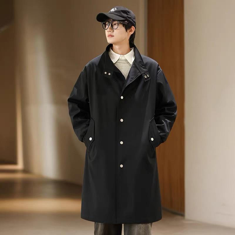 Men's Mid-Length Single-Breasted Trench Coat with Stand-Up Collar - Loose Casual Fit, Plus Size, British Style Jacket