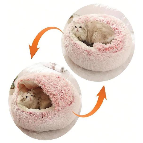 Plush Hooded Pet Bed Round Fluffy Soft Cat Bed Pet Cushion Warm Cat Dog 2 In 1 Sleeping Nest Cave for Small Dogs