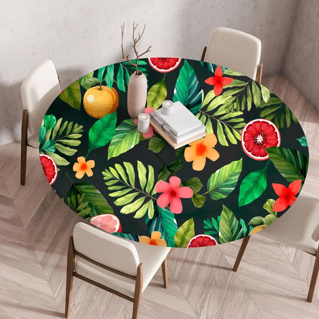 Plant Flower Patterns Round Tableclothes for Dining Table Fitted Table Protector Cover Elastic Edge Desk Decoration Waterproof