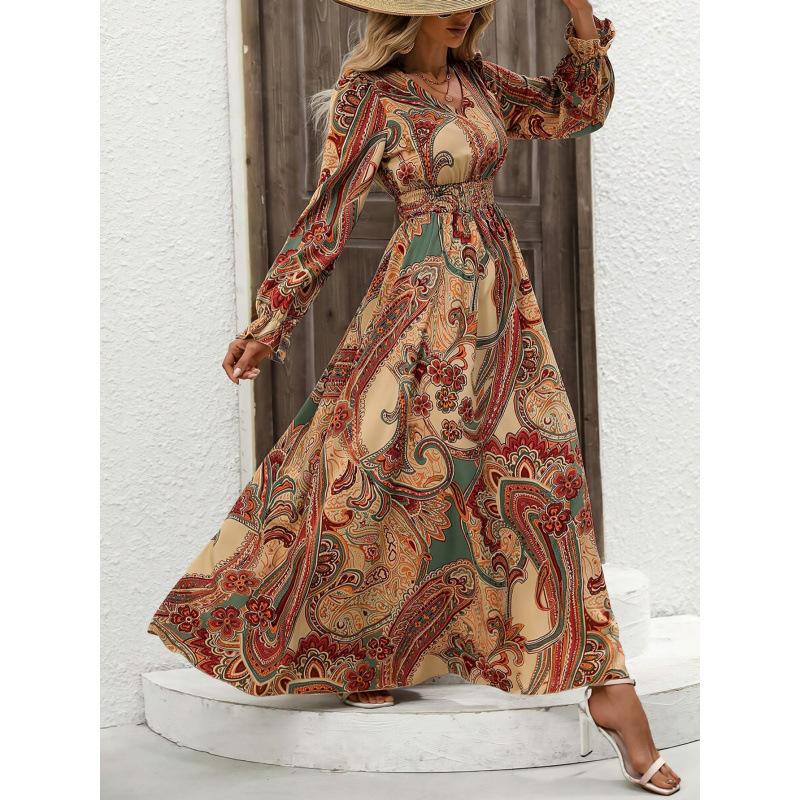 Women's V Neck Long Puff Sleeve Floral Maxi Dress Slim Fit High Waist Street Casual Dress