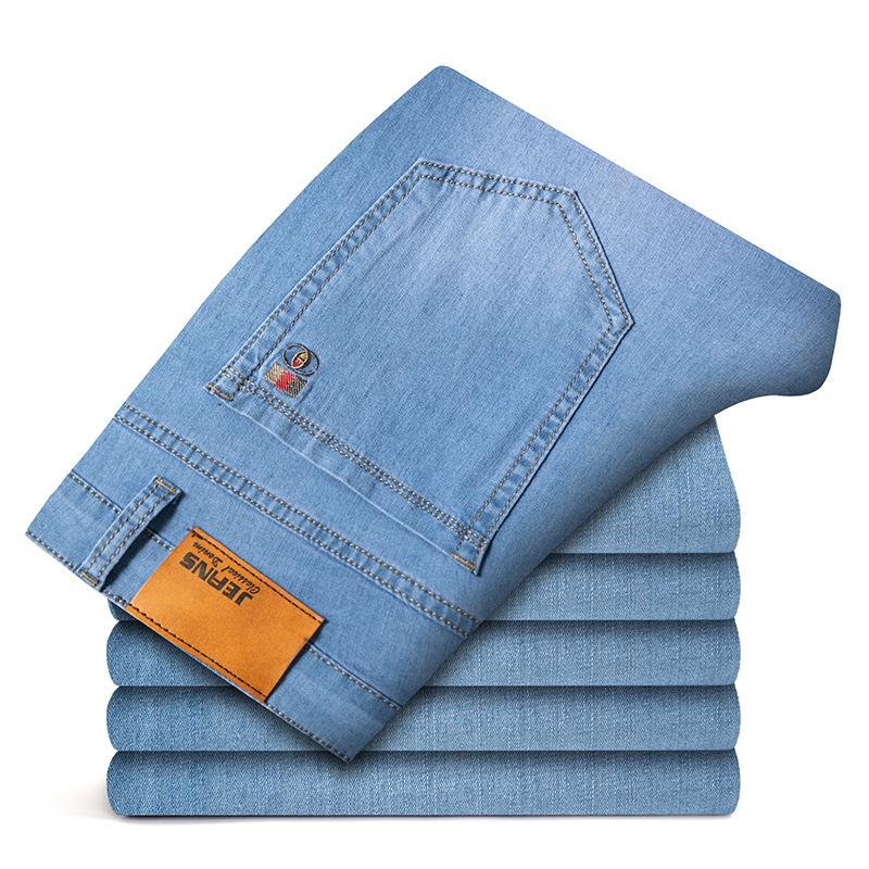Mode große größe jeans männer sommer dünne abschnitt stretch licht blau gerade lose beiläufige lange hosen