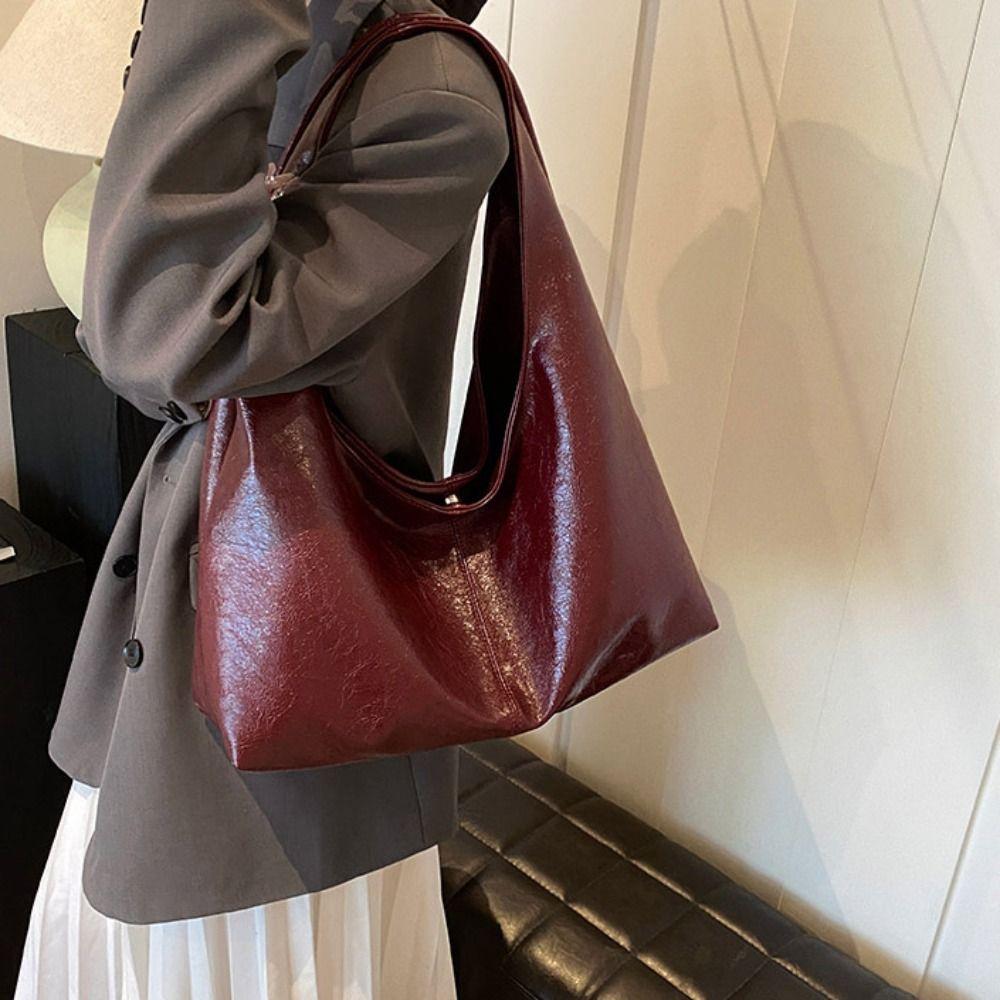 Solid Color Retro PU Tote Bag Tote Bag Underarm Packs Sweet Large Capacity Handbag  Office Worker
