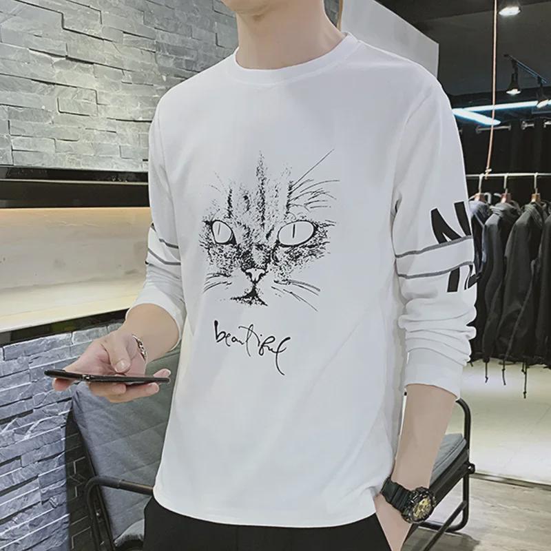 T-shirt Casual da Uomo Stile Coreano con Stampa, Manica Lunga, Vestibilità Slim, Autunno 2021