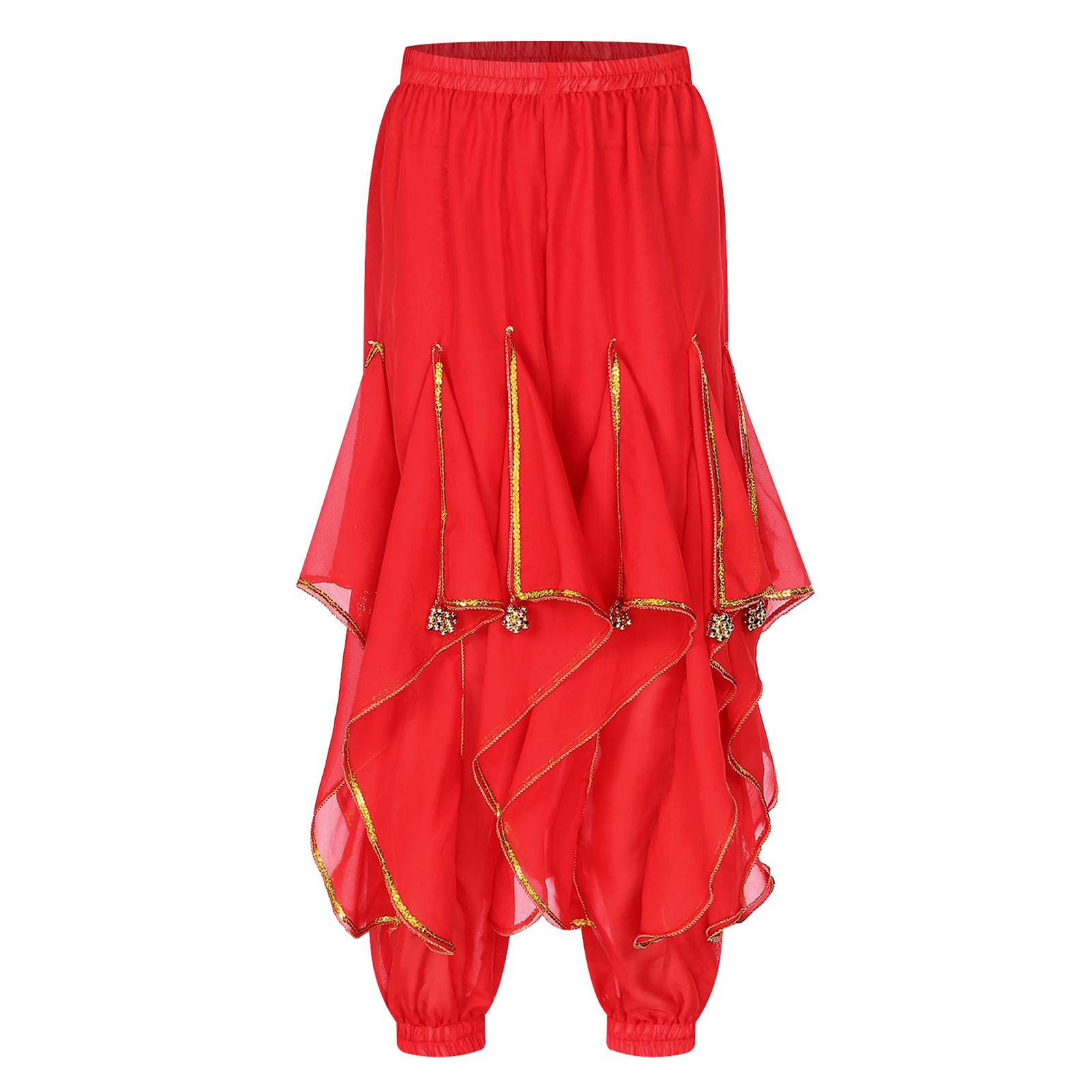 

Женские танцевальные брюки с пайетками и бисером, с эластичной талией для выступлений по танцу живота, праздничных нарядов для вечеринок One Size красный