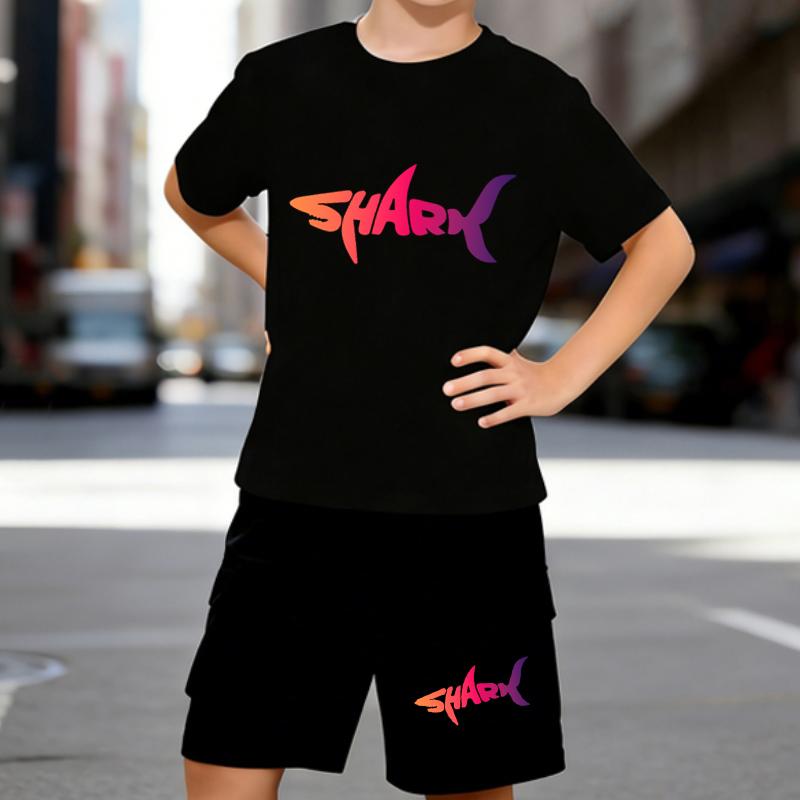 

Boys 2 Piece Shark Letter Print Outfit, Short Sleeve T-Shirt and Shorts Set for Kids Age 5-14, Black and White Sporty Casual Summer Clothes 5-6 Years чёрный