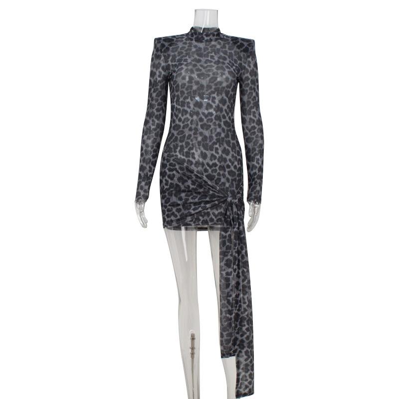 

European and American fashion trend women s clothing mesh perspective leopard print printed lace-up waist Spice Girl dress S