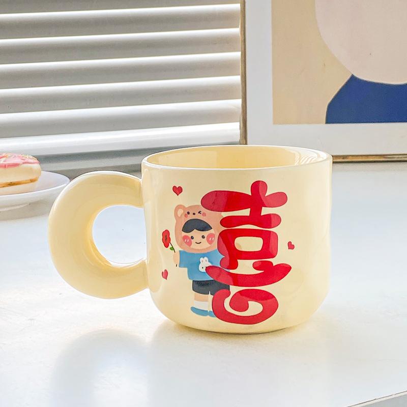 Cute High-value Festive Mug with Lid Spoon Couple Pair Cup Wedding Gift Ceramic Drinking Cup Coffee Cup