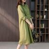 Women Shirt Dress Lapel 45720 Sleeve High Waist Midi Dress Solid Color Loose Fit
