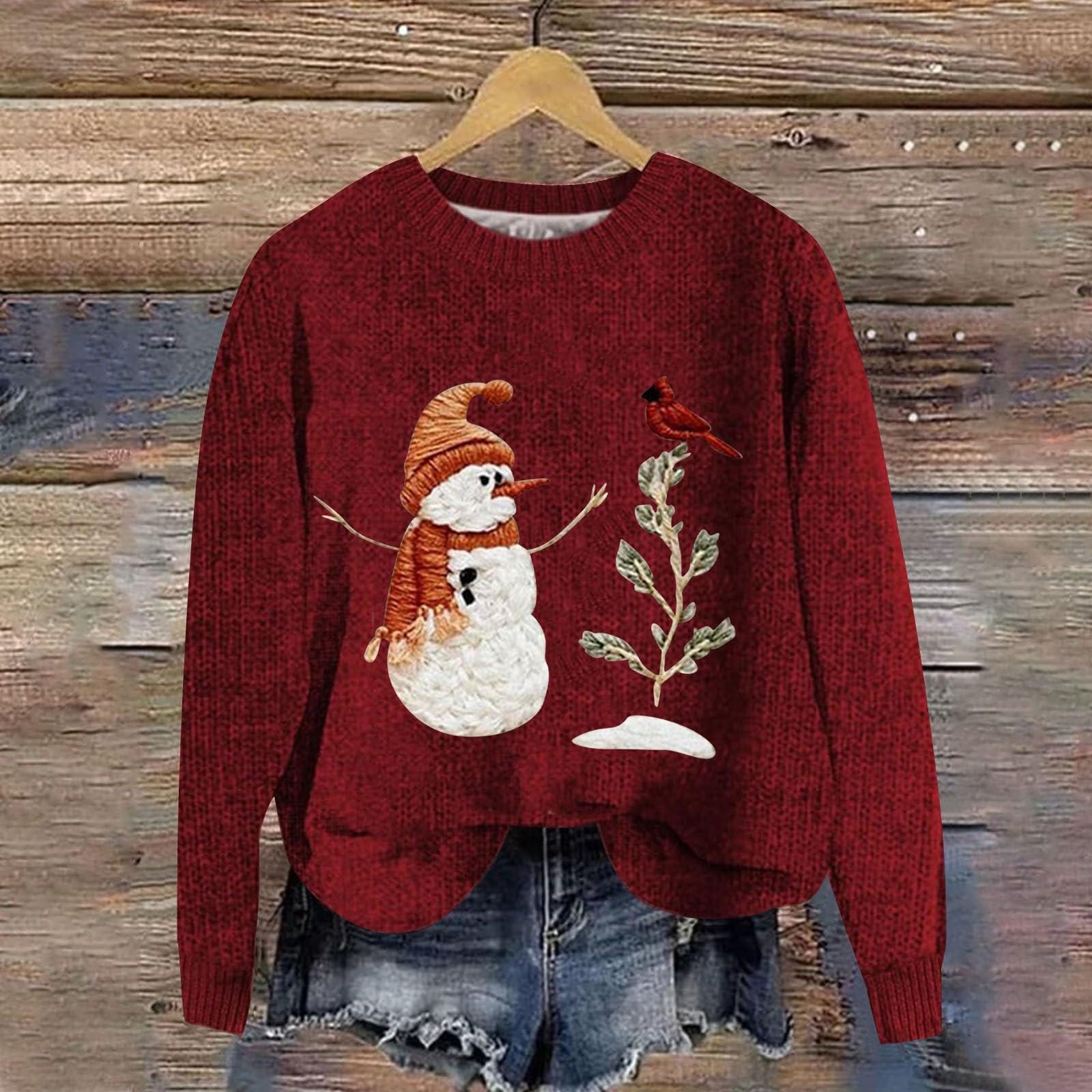 

Женская мода повседневный длинный рукав рождественский принтованный воротник шерстяной трикотажный пуловер топ XL винный