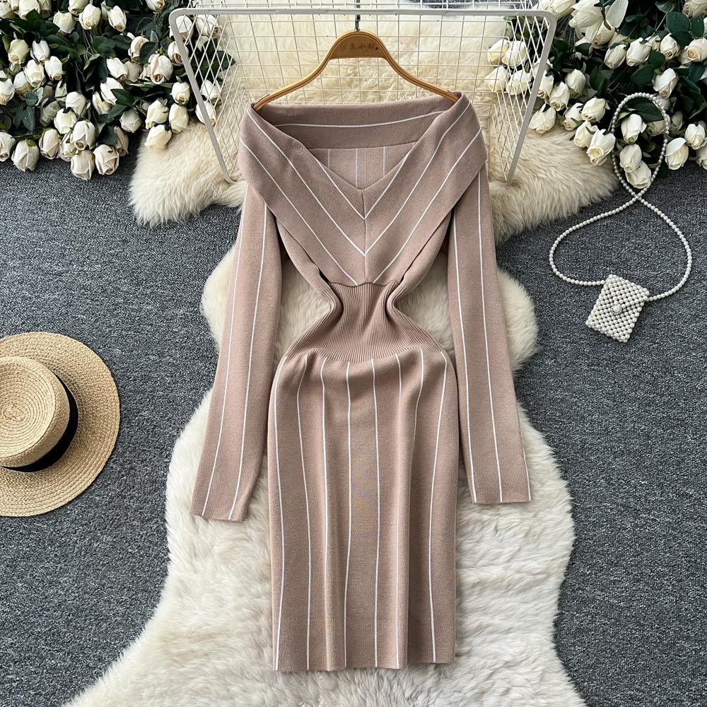 Autumn Winter Women Casual V-neck Full Sleeve Striped Knitted Sweater Slim Bodycon Sheath Dresses